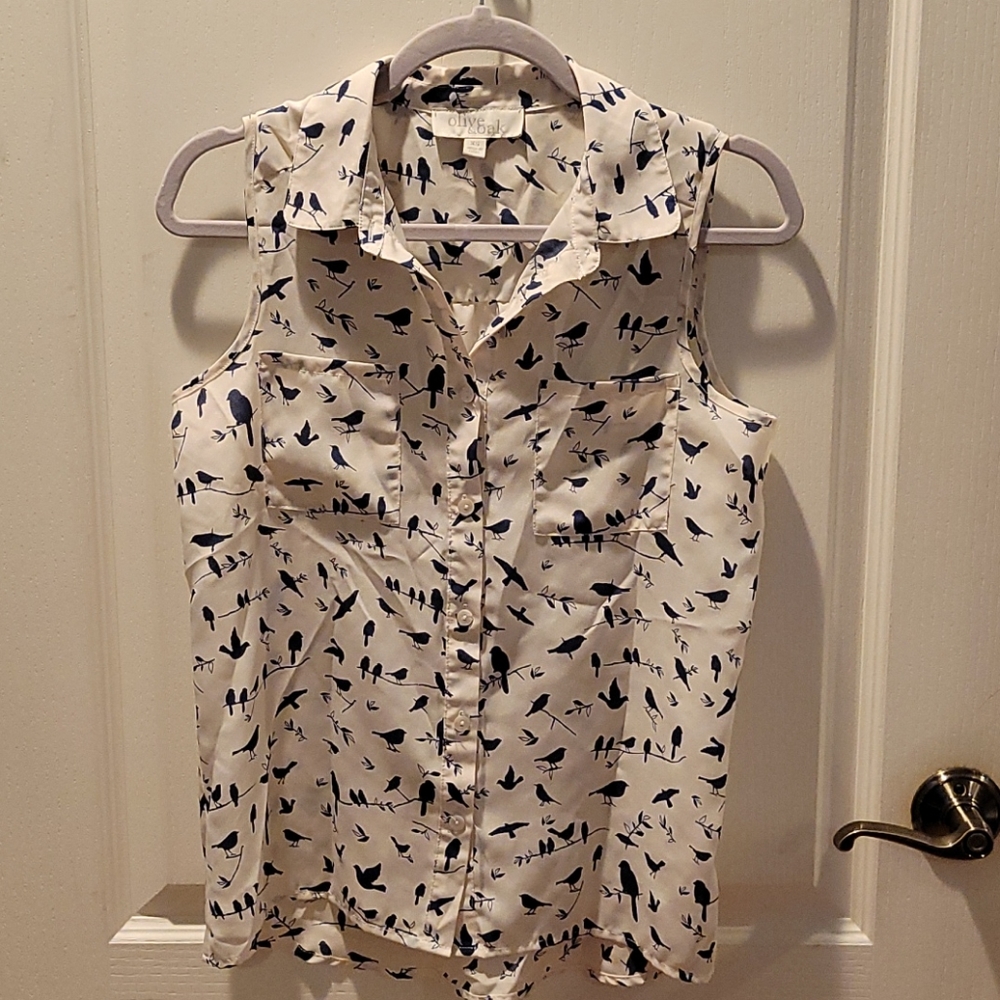 Olive & Oak button up blouse bird pattern